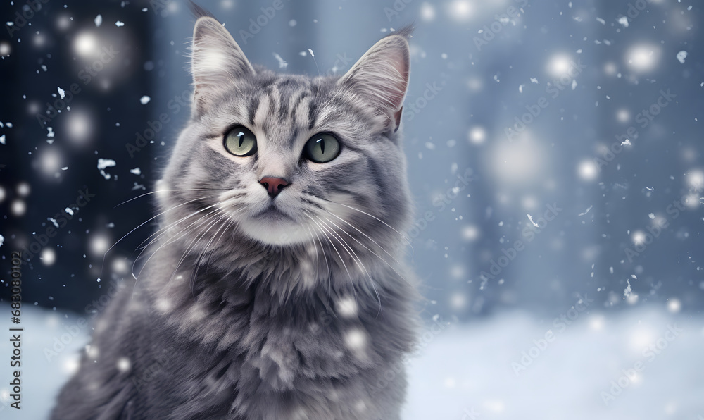 Photo of a wild gray cat outdoor in winter looking at the falling snow. Homeless wild cat on the snow in a snowfall. Banner for card, poster, print with copy space for text.