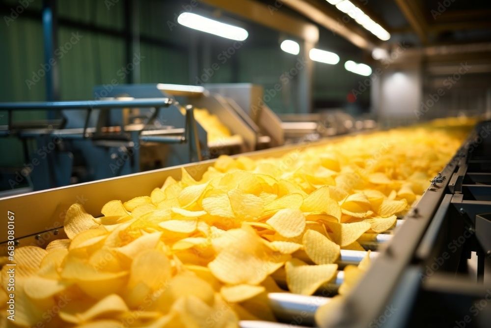 Chips factory. Production conveyor line. Background with selective focus and copy space Chips factory. Production conveyor line. Background with selective focus and copy space