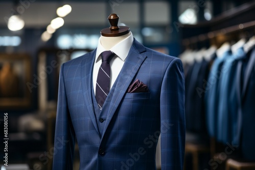 Mannequin in the show room, suits atelier concept. Background with selective focus and copy space