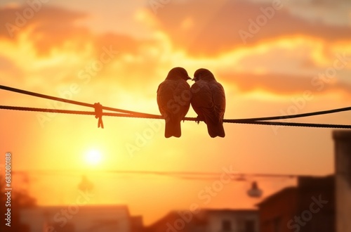 Cute couple of love birds. Background with selective focus and copy space