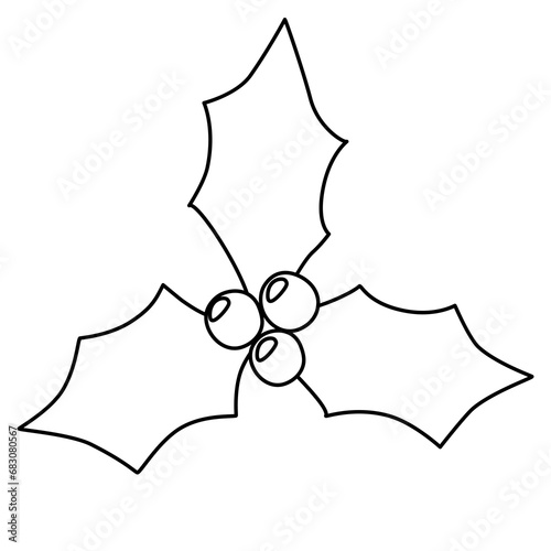 Three holly leaves with berries, doodle style flat vector outline for coloring book