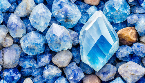 Blue Crystal Mineral Stone. Gems. Mineral crystals in the natural environment. Texture of precious and semiprecious stones. Seamless background with copy space photo