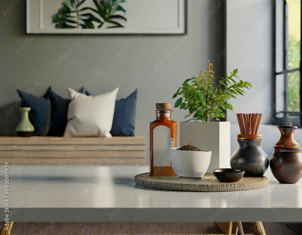 Fototapeta premium Copy space on a tabletop with spice bottles and a potted plant in a modern living room.