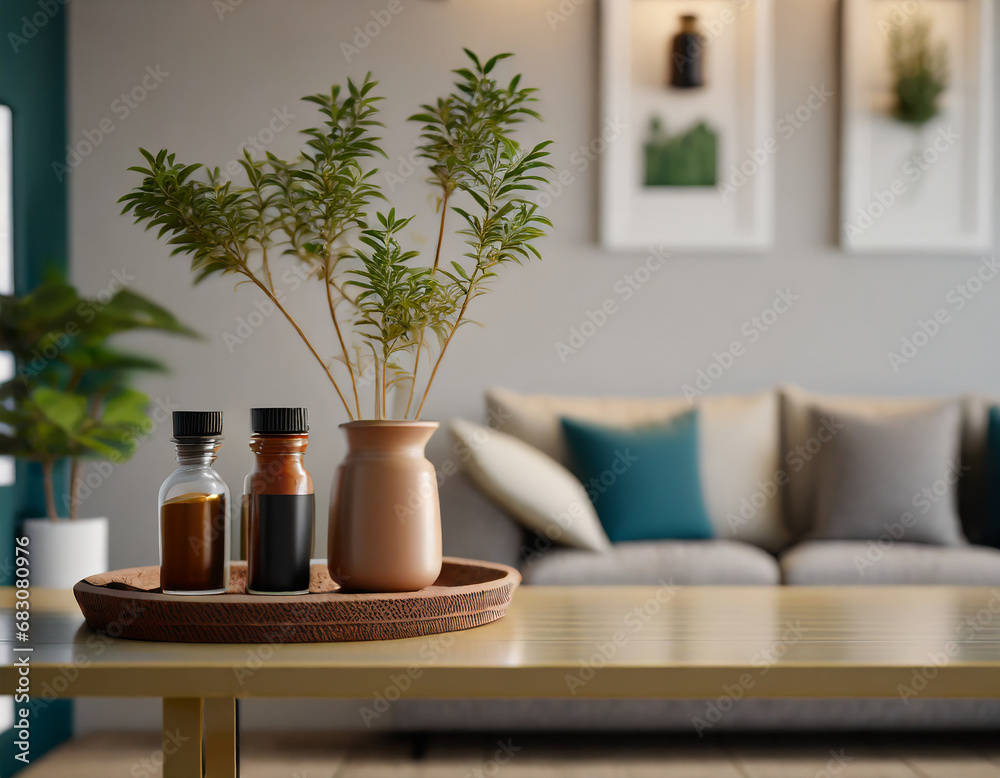 Copy space on a tabletop with spice bottles and a potted plant in a modern living room. Copy space on a tabletop with spice bottles and a potted plant in a modern living room.