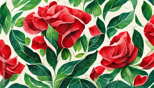 floral pattern of red rose flower petals and green leaves