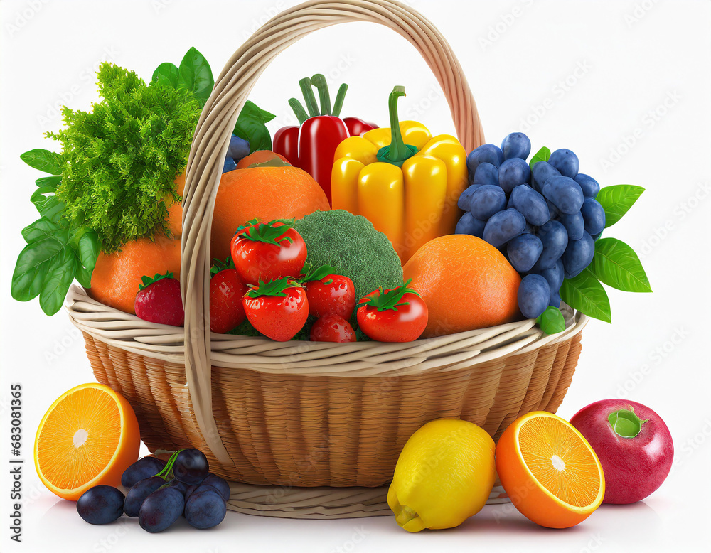 fresh fruits and vegetables in a basket isolated on white fresh fruits and vegetables in a basket isolated on white