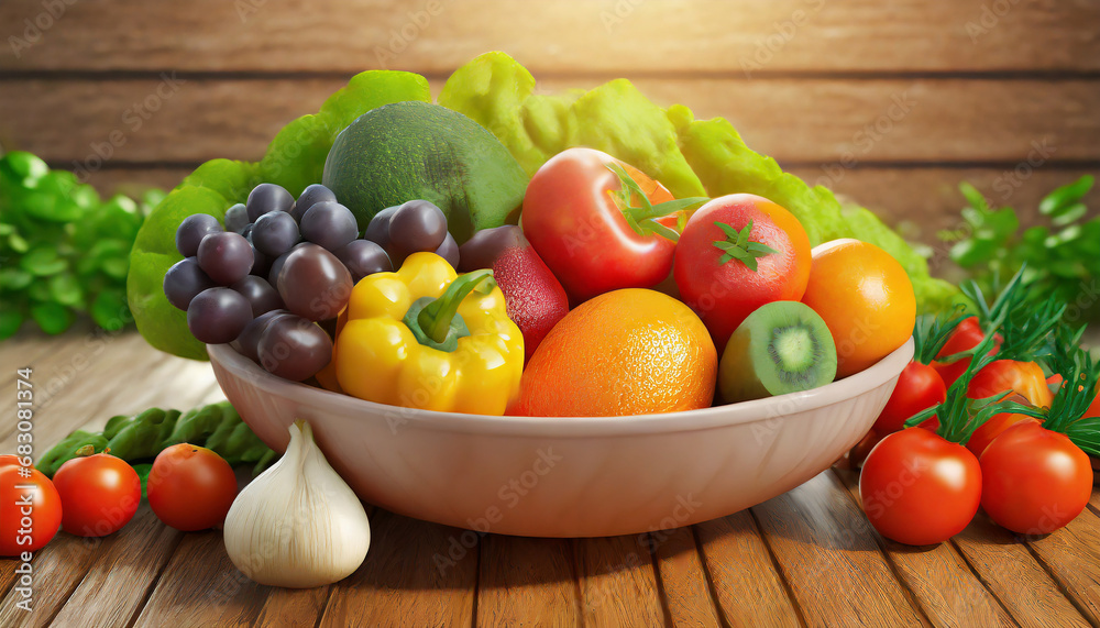 fresh fruits and vegetables in a bowl on wooden background