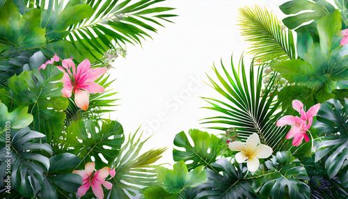 frame of palm leaves and tropical plants isolated over white