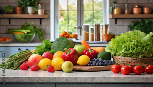 fresh fruits and vegetables on a counter in a kitchen