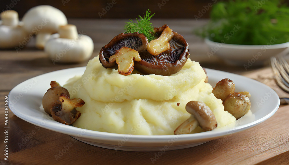 Homemade White Mashed Potatoes with fried mushrooms on wooden table Homemade White Mashed Potatoes with fried mushrooms on wooden table
