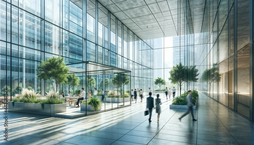 Bright eco-friendly sustainable office lobby with fast moving crowd of business people in long exposure shot