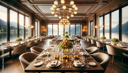 Luxury travel concept featuring fine dining in an exclusive fancy restaurant with exquisite cuisine and great service photo