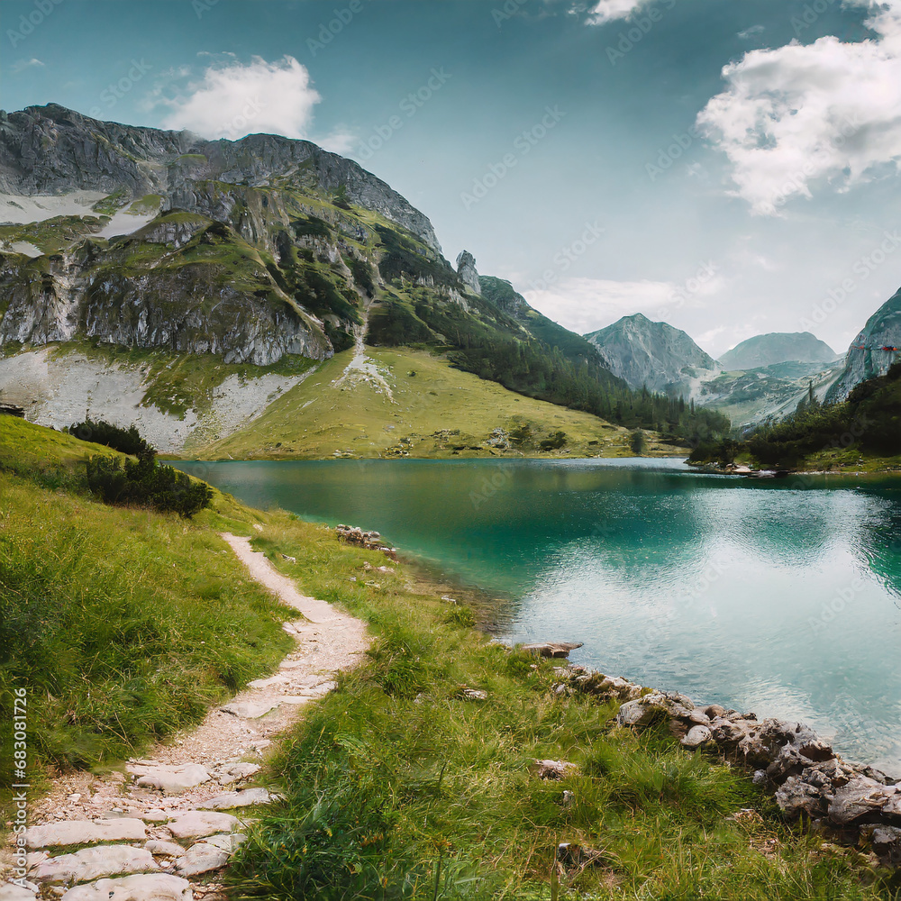 lake in the mountains with green grass and rocky path
