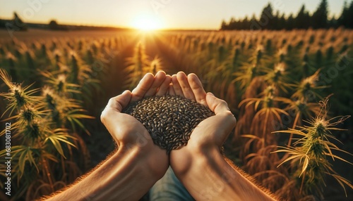 Cannabis seeds in hemp farmer's hands - outdoor farm field cultivation