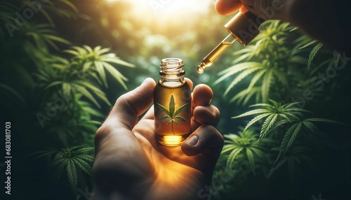 Hand holding CBD hemp oil droplet against marijuana buds - alternative medicine, cannabis oil photo