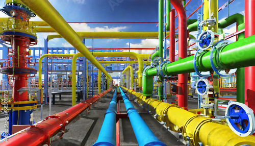 Industrial zone, Steel pipelines, valves and cables in oil refinery petrochemical plant