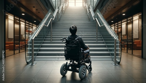 Wheelchair user facing staircase - highlighting architectural barriers, disability awareness, accessibility issues photo