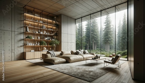 Mid-century loft home interior in forest house - modern living room design photo