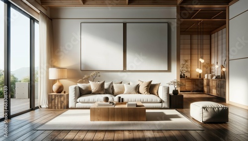 Japanese home interior design - square coffee table, white sofa, rustic cabinets, white wall with blank poster frames in modern living room, copy space