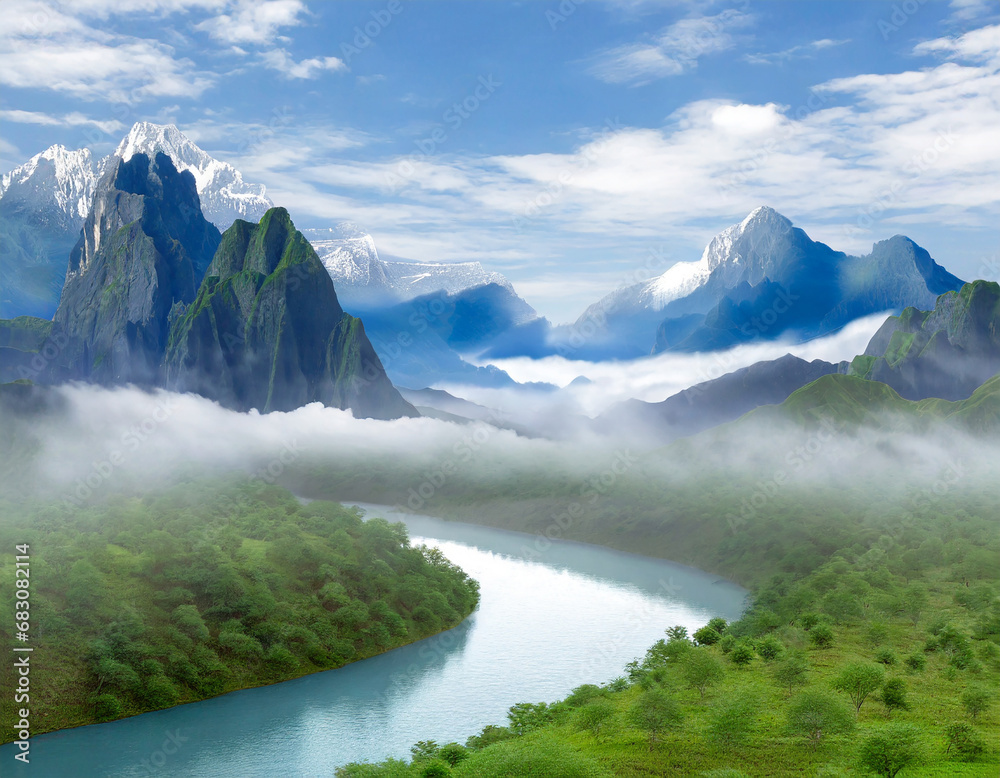 nature mountains valley with river and mist, background for presentation nature mountains valley with river and mist, background for presentation