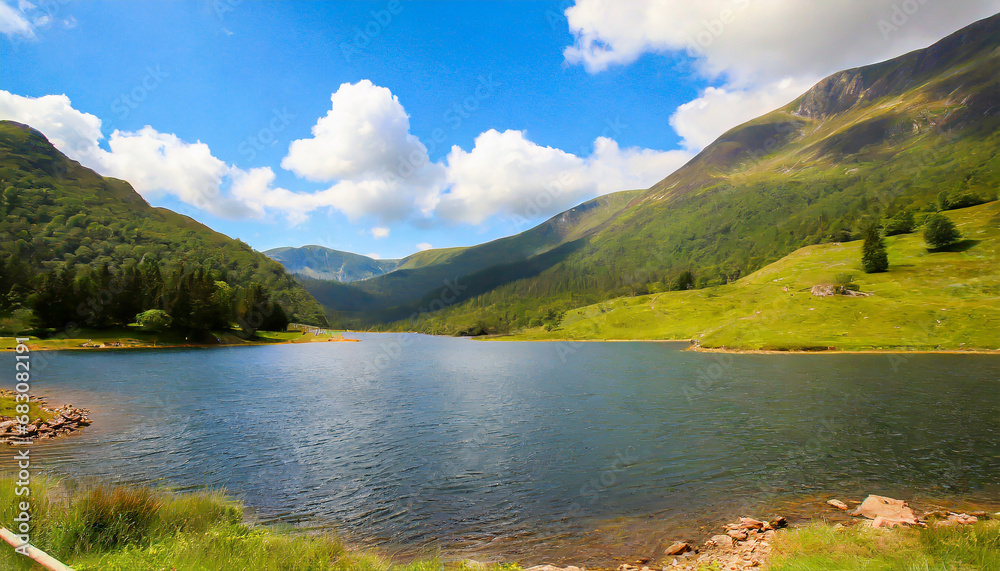 nature photo of a lake in the middle of mountains during sunny day and clouds
