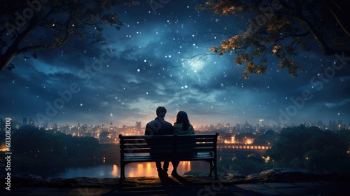Romantic couple sitting on bench and looking at night starry sky
