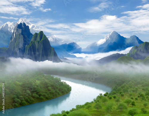 nature mountains valley with river and mist, background for presentation