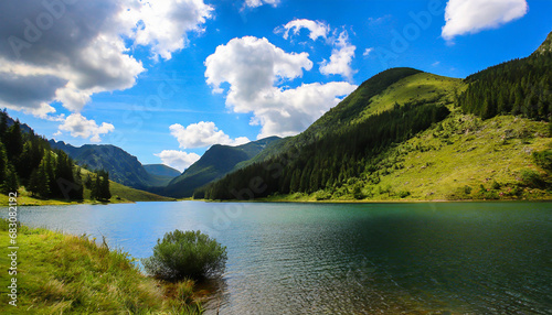 nature photo of a lake in the middle of mountains during sunny day and clouds
