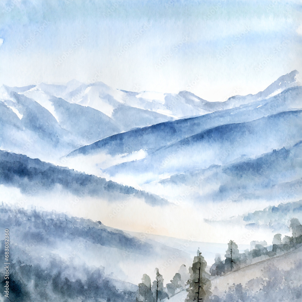 panorama of the mountains covered with fog in winter, watercolor