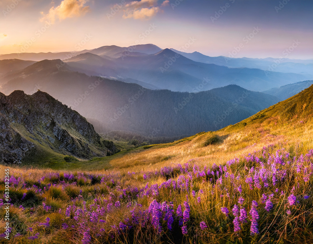 panorama of the mountains with violet flowers in evening light panorama of the mountains with violet flowers in evening light