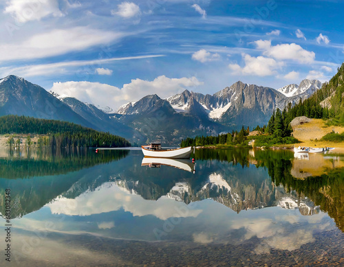 panorama of the mountains and lake with boat and reflection © Donald