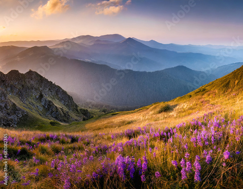 panorama of the mountains with violet flowers in evening light
