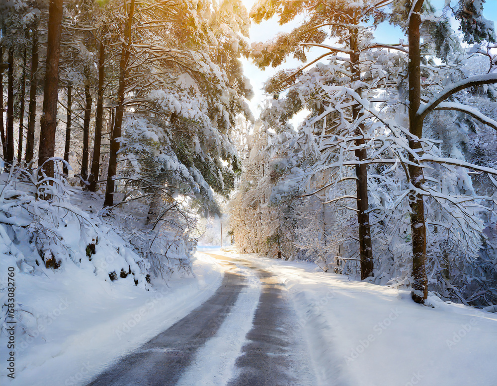 Scenic winter road through forest covered in snow after snowfall