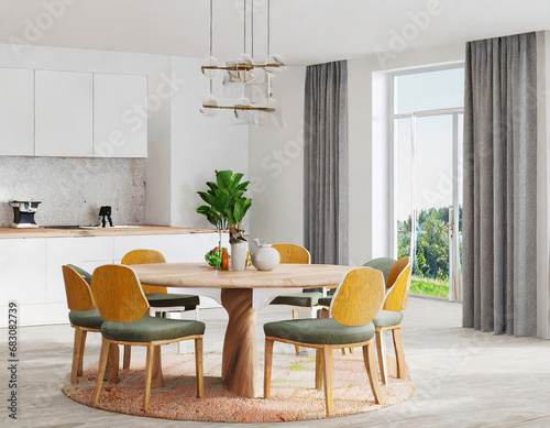 Side view of a round dining table in a modern Scandinavian spacious living room with kitchen.