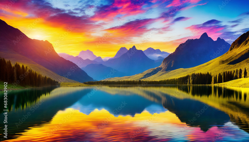 sunset in the mountains at a calm lake that creates a perfect reflection; feeling free and happy life