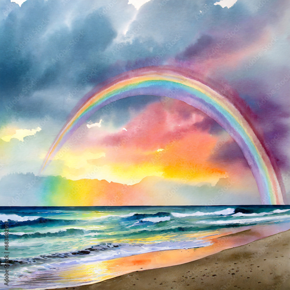 sunset over the beach with a rainbow in dramatic sky sunset over the beach with a rainbow in dramatic sky