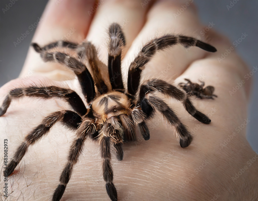 Tarantula spider on a man's hand close up. Tarantula spider as a pet. Tarantula spider on a man's hand close up. Tarantula spider as a pet.