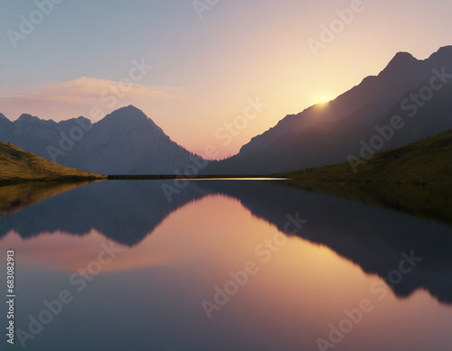 sunset in the mountains at a calm lake that creates a perfect reflection © Donald