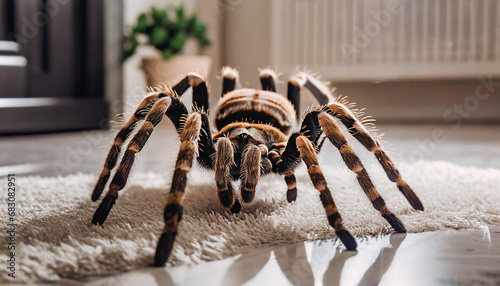 Tarantula spider close-up on the floor in the house. Tarantula spider as a pet.