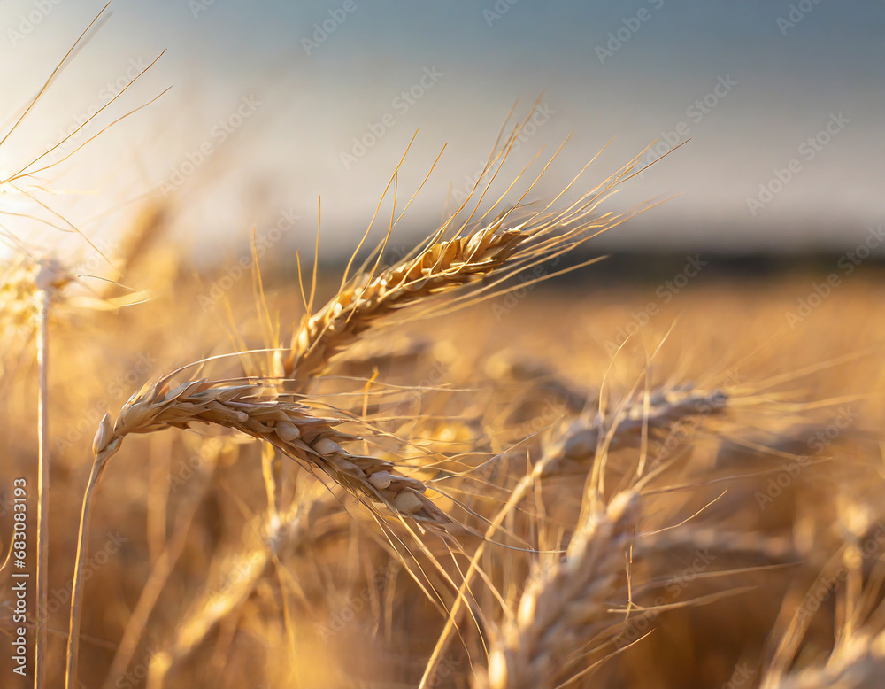 Wheat field on a sunny day. Grain farming, ears of wheat close-up. Agriculture, growing food products. Wheat field on a sunny day. Grain farming, ears of wheat close-up. Agriculture, growing food products.