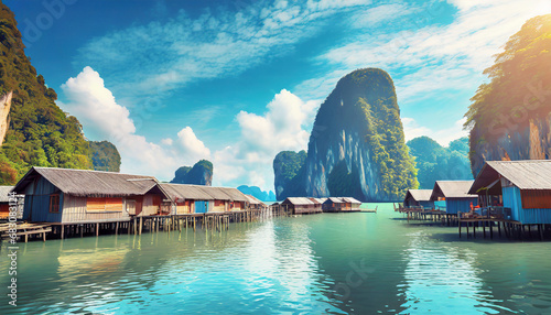 View of a fishing village in Thailand. Village on the water, cottages on stilts. Sea Gypsies in Phang Nga Bay. An exotic tourist destination photo