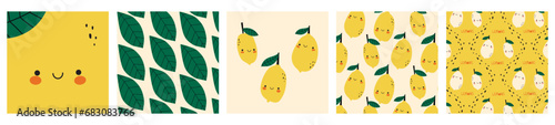 set of cards design and seamless patterns with cute fresh lemons and greenery. Summer print with Lemon. Cute print for fabric or wallpaper. Cute fruit character illustration