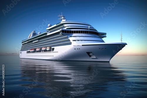 White Cruise Ship in Sea, Large Ocean Liner, Cruise Boat, Voyage Trip Symbol © artemstepanov