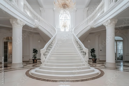 Marble Grand Stairway, Mansion Grand Stair, Big White Palace Stairs, Luxury Entrance Design photo