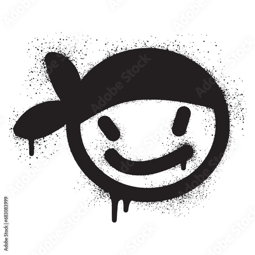 Graffiti emoticon smiling face wearing bandanna with spray paint