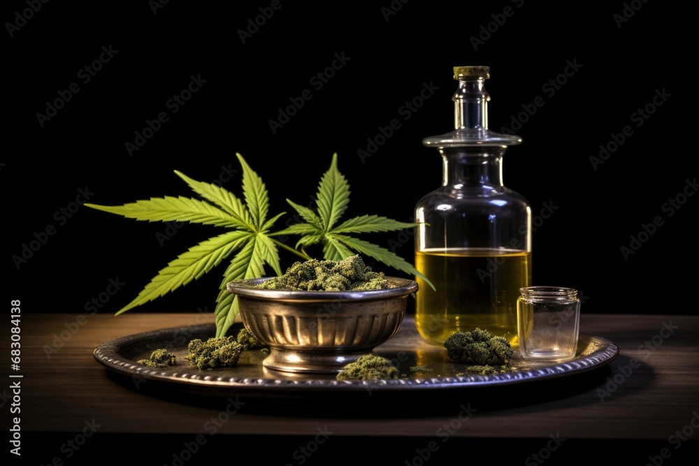 Hemp bounty: wooden surface adorned with hemp-based goods, oils, and extracts, a tribute to natural remedies Hemp bounty: wooden surface adorned with hemp-based goods, oils, and extracts, a tribute to natural remedies