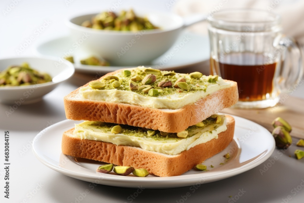 A delectable image of pistachio paste spread on square toasts, served on a plate atop a white wooden table a perfect morning indulgence A delectable image of pistachio paste spread on square toasts, served on a plate atop a white wooden table a perfect morning indulgence
