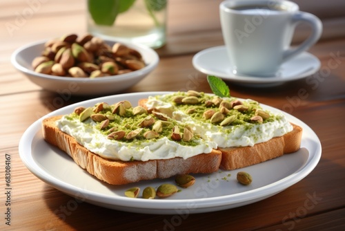 Indulge in morning elegance: square toasts topped with creamy pistachio paste, presented gracefully on a clean white plate