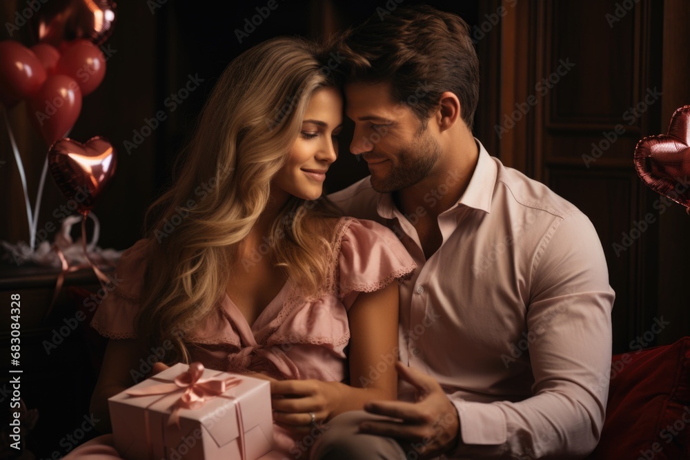 Valentine's Sofa Affection: In an affectionate scene, a couple shares the warmth of love, exchanging gifts on the sofa for Valentine's Day's celebration Valentine's Sofa Affection: In an affectionate scene, a couple shares the warmth of love, exchanging gifts on the sofa for Valentine's Day's celebration