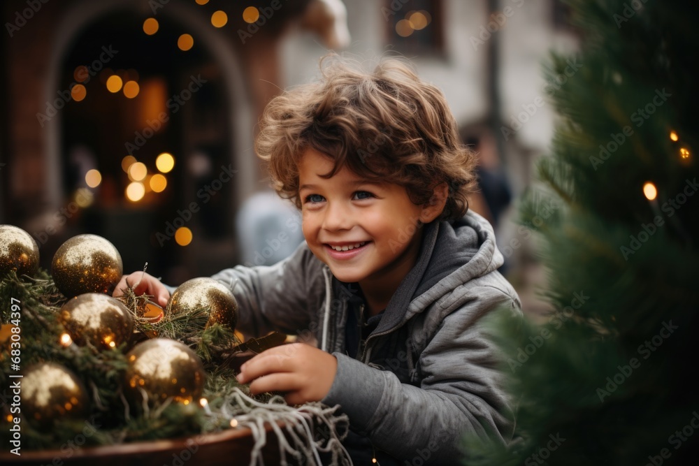 Festive Tree Trimming: A cheerful boy decorates the Christmas tree, infusing the space with festive spirit and childlike joy
